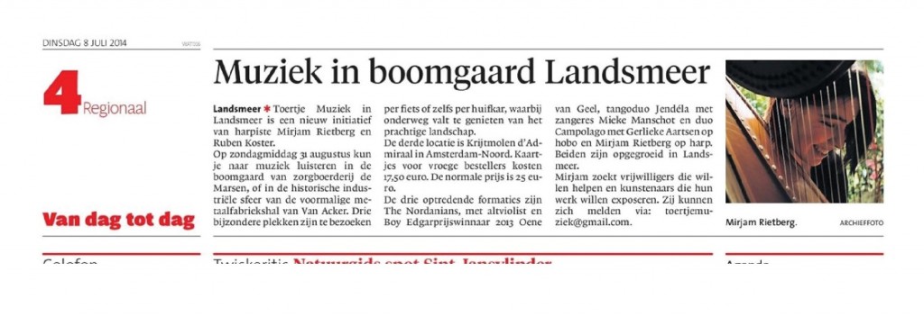 Toertje Muziek in Dagblad Waterland -  uitgesneden